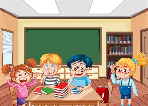 School classroom scene with happy students cartoon character 5441631 ...