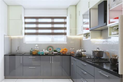 Modular L Shape Kitchen Design With Silver And White Cabinets | Livspace