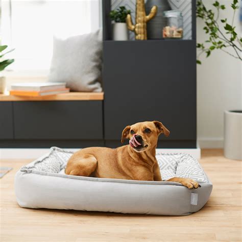 FRISCO Rectangular Bolster Dog Bed w/Removable Cover, Silver Geometric ...