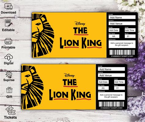 Printable THE LION KING Broadway Surprise Ticket Editable - Etsy