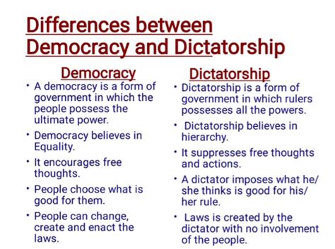 Difference between democracy and dictatorship with table