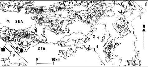 Map of the oil refinery area including height contours of 200 m. The ...