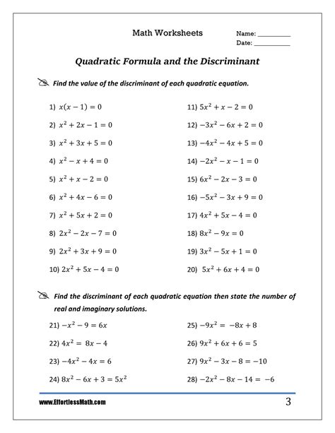 Quadratic Formula and the Discriminant - Math Worksheets Name ...