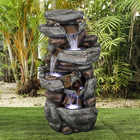 Stacked Rock Outdoor Water Fountain with LED Lights - Rockery Cascading ...