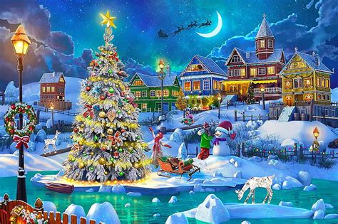 Snow Scene in Christmas, Christmas, art, holiday, town, fun, joy ...