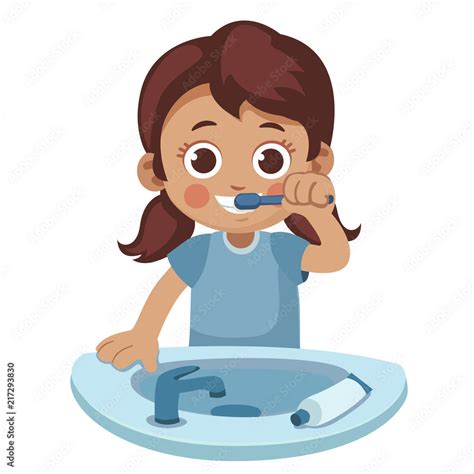 Child brushing her teeth. Cute little girl with a toothbrush and a sink ...