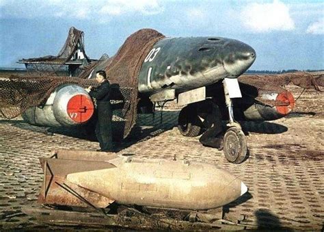 Color picture of a German Me-262 inspected in its airfield after the ...