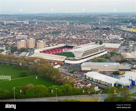 General view from the air of Ashton Gate Stadium at Bristol, UK, home ...