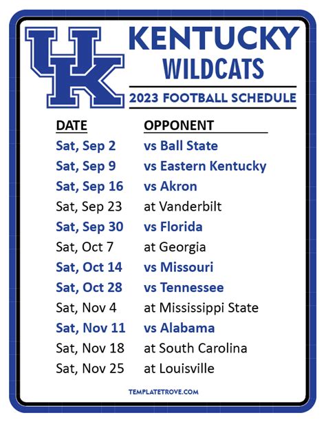 Printable 2023 Kentucky Wildcats Football Schedule