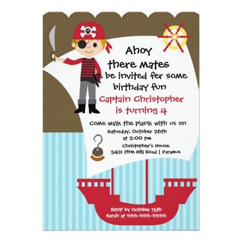 Pirate Ahoy Mates Birthday Party Invitation Boy 5" X 7" Invitation Card ...