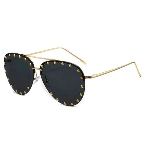 Women's Aviator Gold Frame Black Oversized Trendy Studded - Etsy