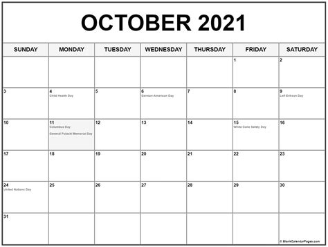 Collection of October 2021 calendars with holidays