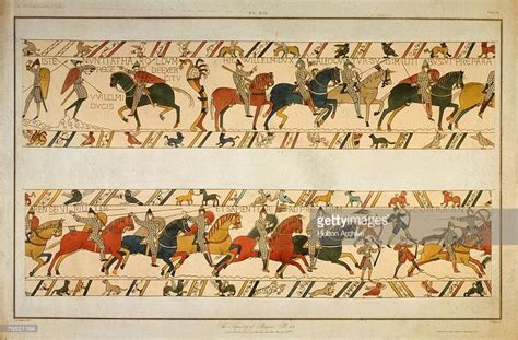 A scene from the Bayeux Tapestry, depicting the Norman Invasion of 1066 ...