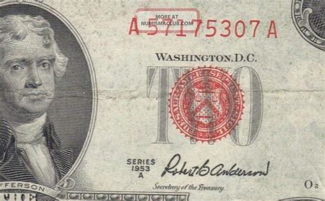 1953a Red Seal $2. 00 Thomas Jefferson Note, Two Dollar Bill A57175307a