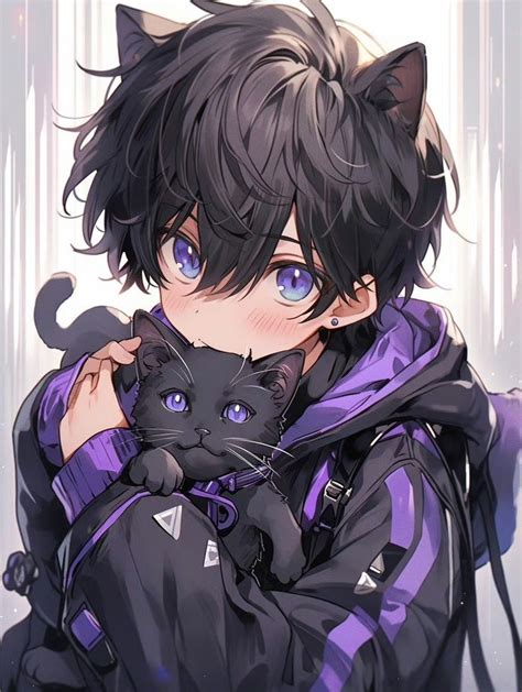 an anime character holding a black cat with blue eyes and a purple ...