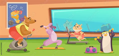 Cute comic animals doing exercises in gym vector illustration. Cartoon ...