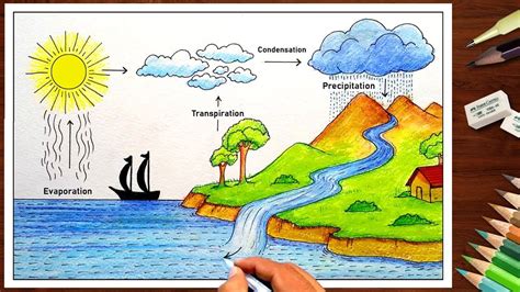 How to draw water cycle drawing for beginners very easy step by step ...