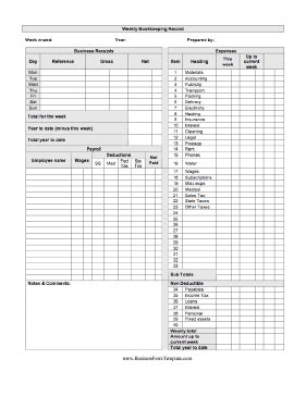 Weekly Bookkeeping Record Template