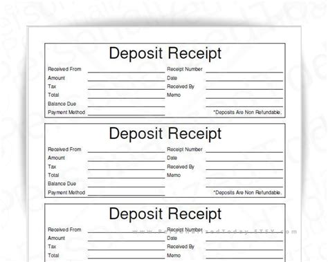 Printable Receipt for Deposit Print and Write and Fillable PDF Digital ...