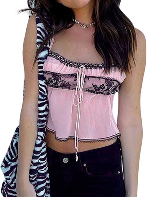 BJT Womens Sexy Y2K Cami Mesh Square Neck Tanks Lace Spaghetti Strap ...