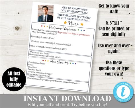 INSTANT DOWNLOAD Employee Spotlight Questionnaire / All About Me ...