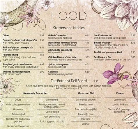 Menu at The Botanist restaurant, Manchester, Deansgate