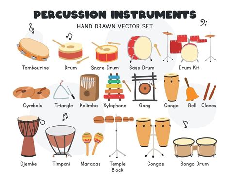 Percussion instruments vector set. Simple cute tambourine, drums ...