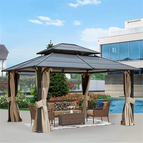 Mellcom 12x14 FT Double Roof Hardtop Gazebo, Aluminum Patio Gazebo with ...