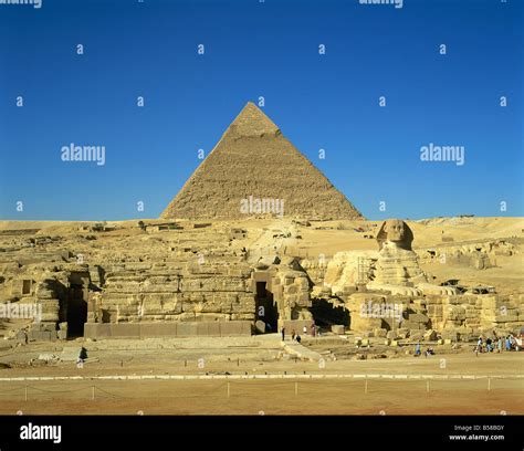 Aerial view over the Great Sphinx and Cheops Pyramid Giza Cairo Egypt ...