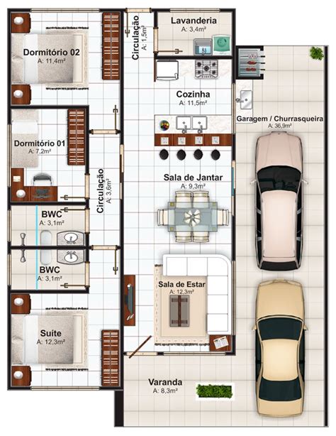 Plantas de Casas com 3 Quartos: Modelos grátis