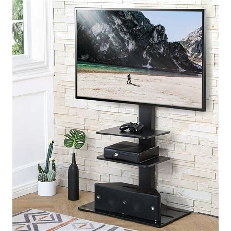 FITUEYES Floor TV Stand with Swivel Mount Glass Base & Two Shelves for ...