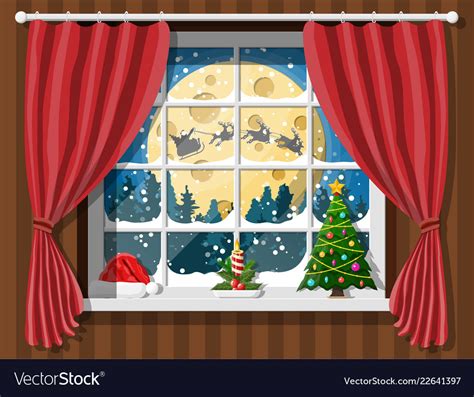 Santa claus and his reindeer looks in room window Vector Image