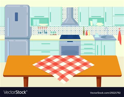 Cartoon wooden kitchen table with tablecloth Vector Image