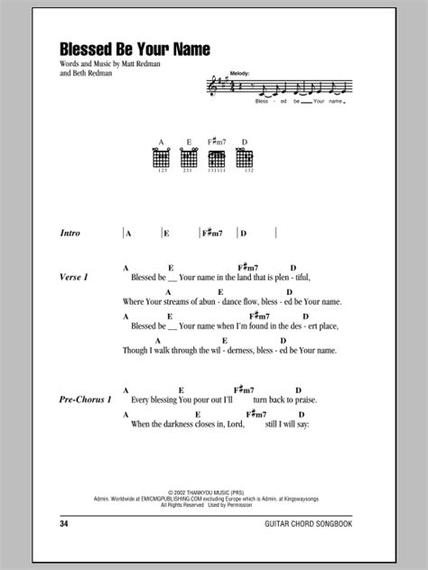 Blessed Be Your Name by Matt Redman Sheet Music for Guitar Chords ...