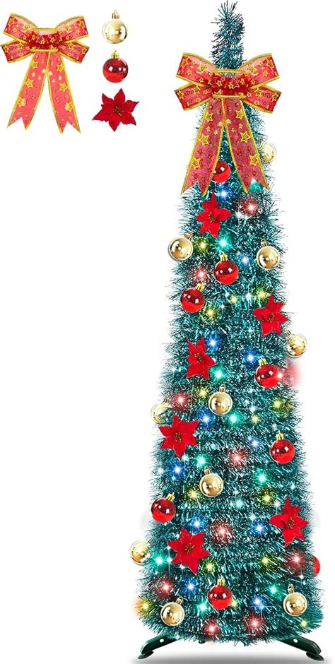 TURNMEON 6Ft Lighted Glitter Pencil Christmas Tree Decoration Timer 30 ...