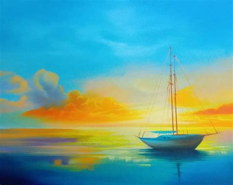 Boat Painting in oil colors fishing boat sun set landscape Painting by ...