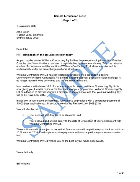 Termination Letter (Redundancy) - Free Template Sample - Lawpath ...