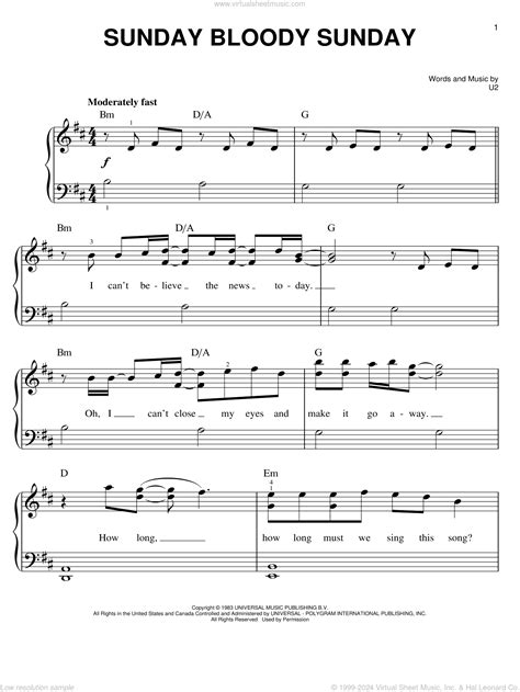 U2 - Sunday Bloody Sunday sheet music for piano solo [PDF]