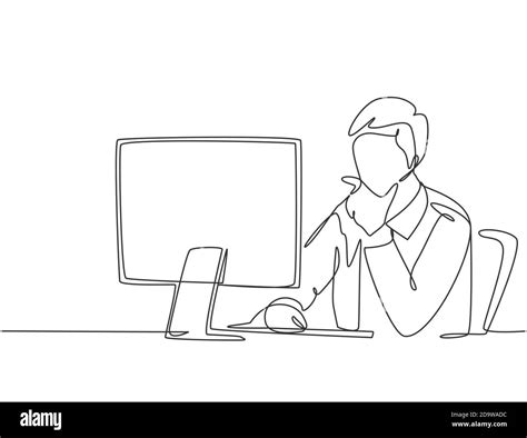 One single line drawing young startup CEO sitting in front of computer ...