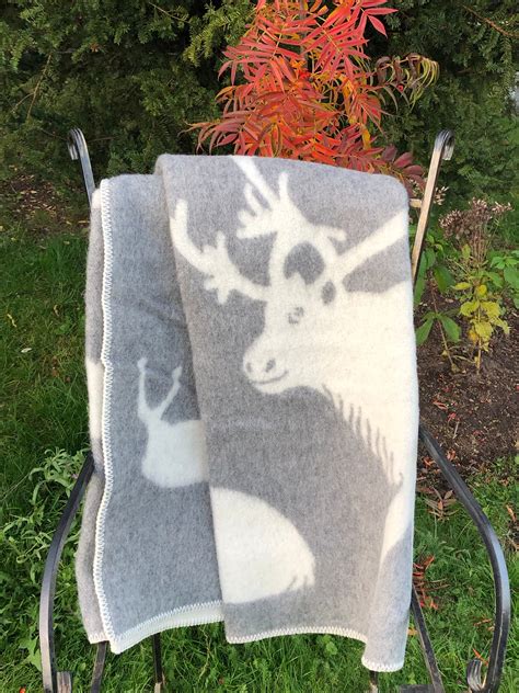 Natural sheep wool blanket with deer pattern thick organic | Etsy