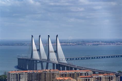 Lisbon Vasco Da Gama Bridge Aerial View Panorama Stock Photo - Image of ...