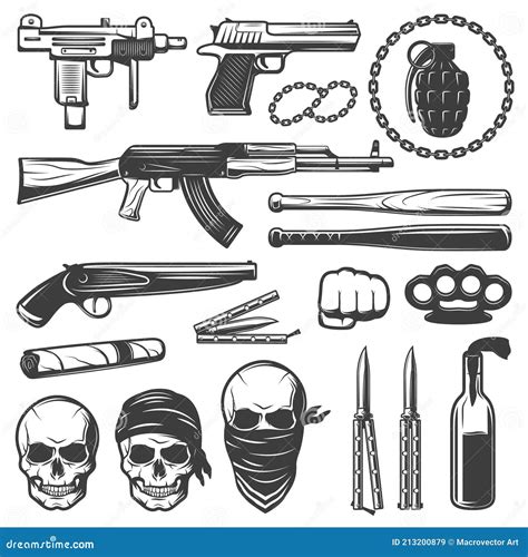 Monochrome Gangster Elements Set Stock Vector - Illustration of death ...