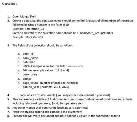 Solved Questions : 1. Open Mongo Shell 2. Create a database, | Chegg.com