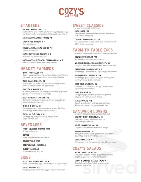 Cozy's Café & Pub menu in Liberty Township, Ohio, USA