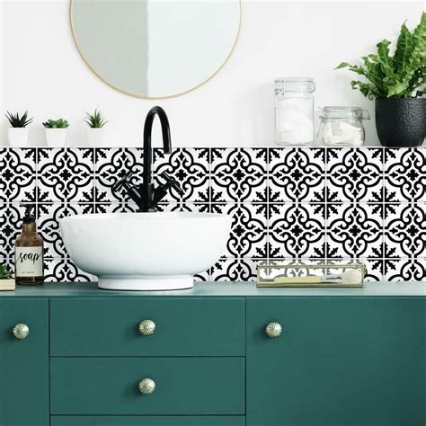 Ornate Black and White Tile Backsplash Peel and Stick Giant Wall Decals ...