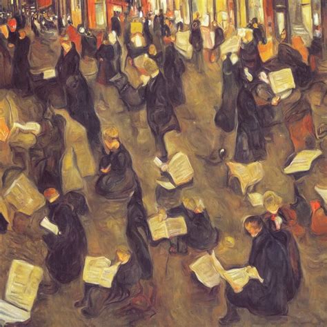 lots of people reading on street, canvas, oil paint, | Stable Diffusion