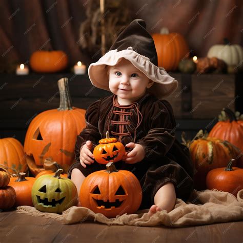 Premium Photo | Baby in witch halloween costume with pumpkin heads blur ...