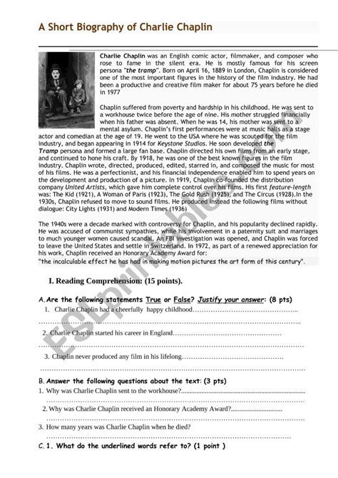 A Short Biography of Charlie Chaplin - ESL worksheet by contribute