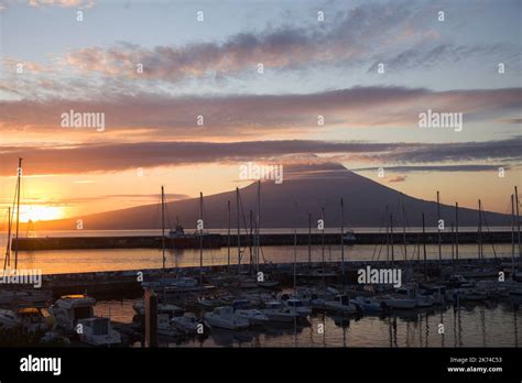 Portugal, Azores, Pico Island, Ponta do Pico volcano, seen from Horta ...