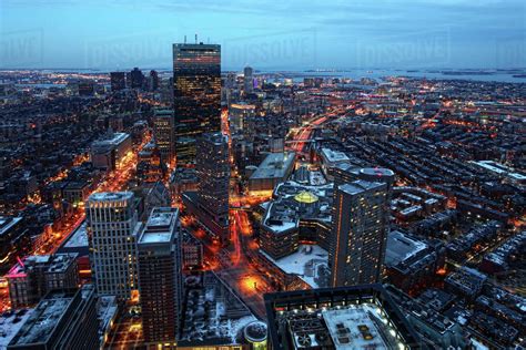 An aerial night view of Boston city center, Massachusetts - Stock Photo ...